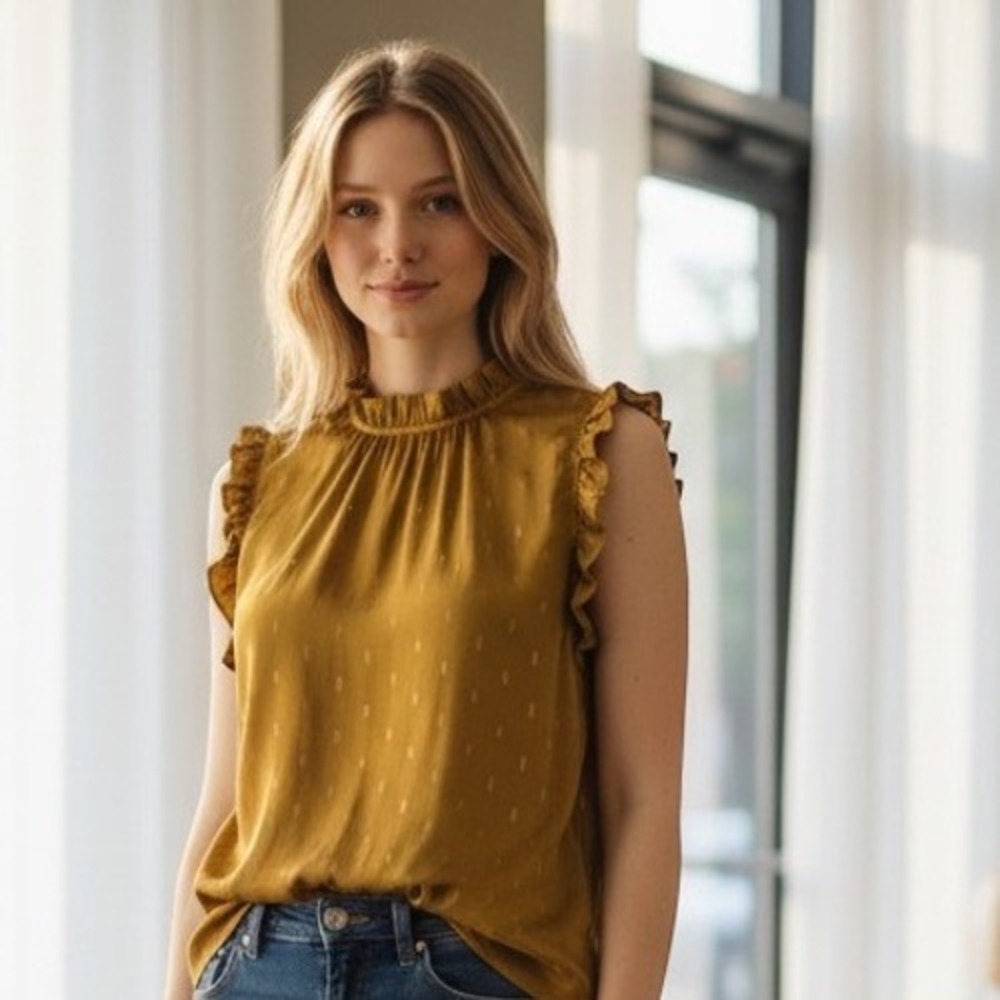 Luna Rae Blouse Women L Mustard Gold Metallic Leaf‎ Ruffle Mock Neck Sleeveless